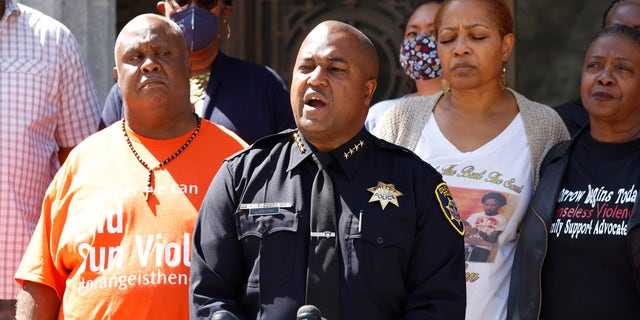 Former Oakland Police Chief LeRonne Armstrong speaks during a press conference in Oakland, California, on Aug. 30, 2022.