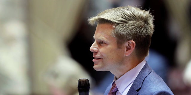 Sen. Jamie Pedersen, D-Seattle, speaks on the Senate floor in Olympia, Wash., Jan. 30, 2019.