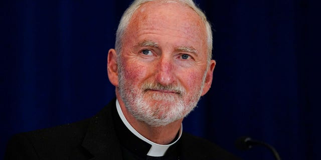 FILE: Bishop David O'Connell, of the Archdiocese of Los Angeles, attends a news conference at the Fall General Assembly meeting of the United States Conference of Catholic Bishops, on Nov. 17, 2021, in Baltimore.