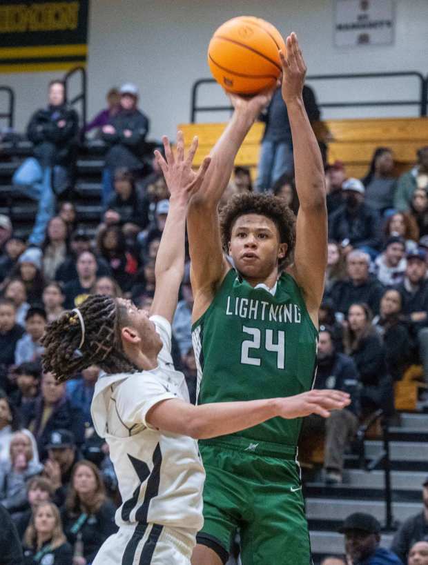 Sage Hill's Carter Bryant shoots the ball against Long Beach Jordan in the CIF-SS Division 4A boys basketball championship game at Edison High School in Huntington Beach on Saturday, February 25, 2023. Long Beach Jordan won the game 68-57. (Photo by Mark Rightmire, Orange County Register/SCNG)