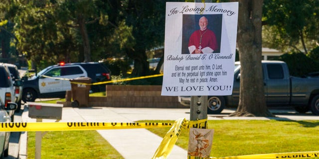 An image of Bishop David O'Connell was posted on the post of a street sign near his home in Hacienda Heights, California.