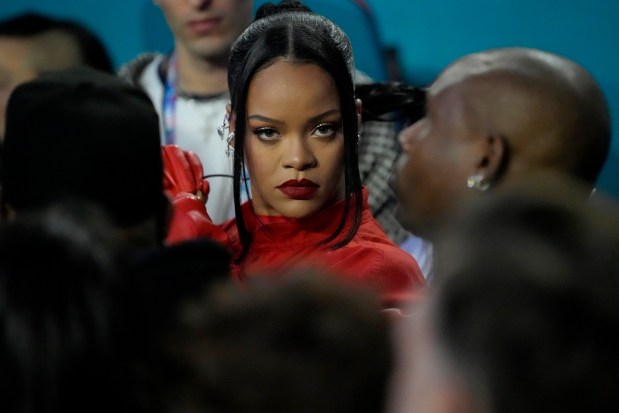 Rihanna prepares to perform before the halftime show at the NFL Super Bowl 57 football game between the Kansas City Chiefs and the Philadelphia Eagles, Sunday, Feb. 12, 2023, in Glendale, Ariz. (AP Photo/Seth Wenig)