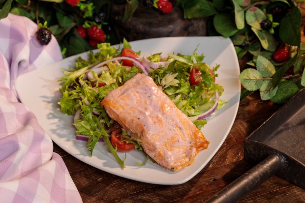 Salmon, Cucumber, and Orzo Salad with Boysenberry Dressing at the Knott's Boyseberry Festival. (Knott's)