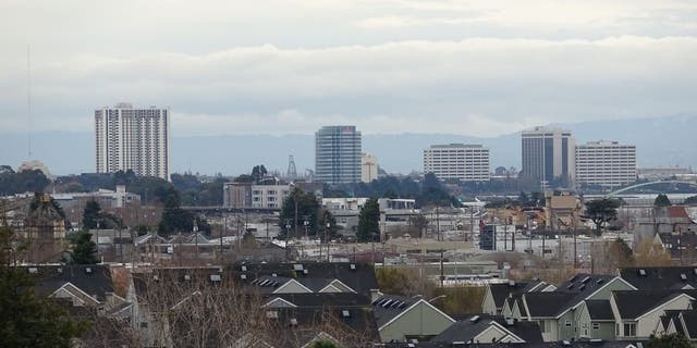 Urban skyline of Oakland, California on an overcast day, January 8, 2019.