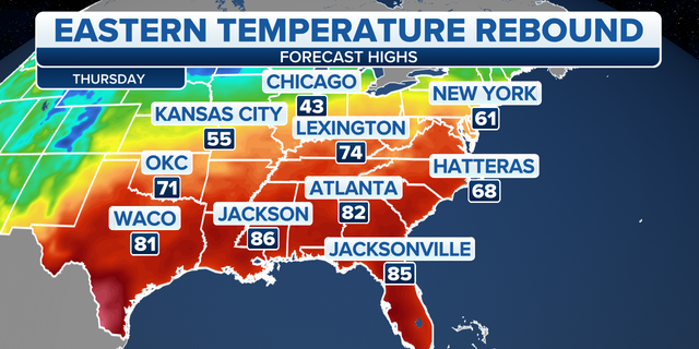 Eastern forecast high temperatures rebound on Thursday