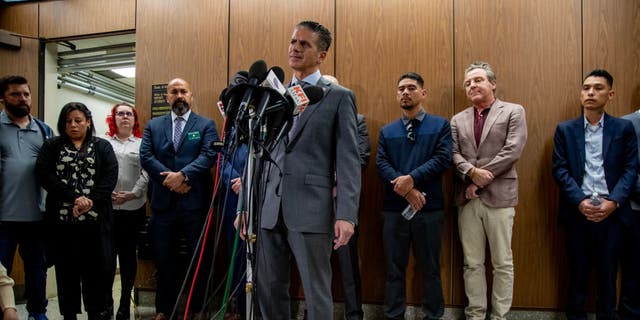 Prosecutor Deputy District Attorney Jonathan Hatami speaks with the media after Heather Barron and Kareem Leiva were convicted of murdering 10-year-old Anthony Avalos at the Criminal Justice Center on March 7, 2023, in Los Angeles, California. On Wednesday, Hatami announced that he will run for district attorney in Los Angeles County. 