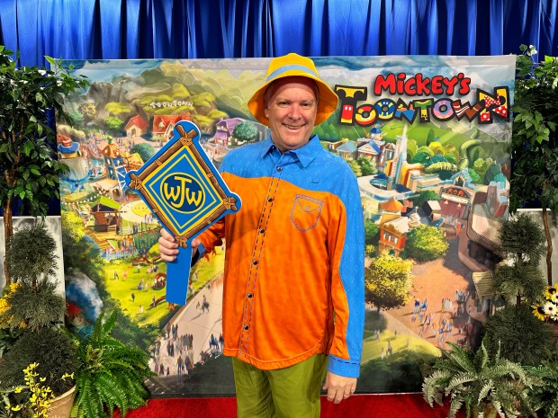 Orange County Register theme park reporter Brady MacDonald tries on cast member costumes for the reimagined Mickey's Toontown. (Brady MacDonald/Orange County Register)