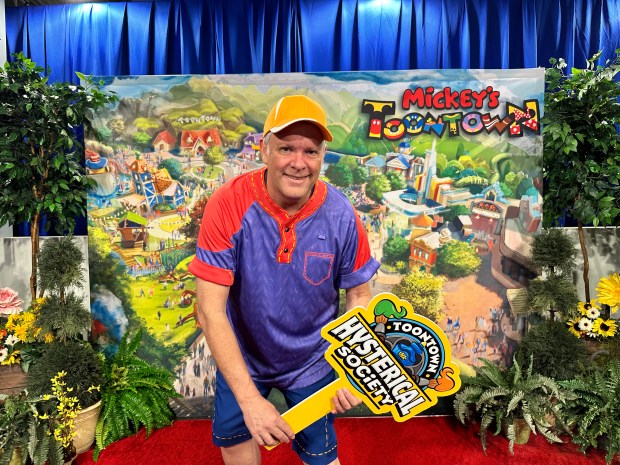 Orange County Register theme park reporter Brady MacDonald tries on cast member costumes for the reimagined Mickey's Toontown. (Brady MacDonald/Orange County Register)