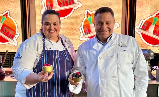 Disneyland pastry sous chef Christina Orejel, left, and Disneyland resort president Ken Potrock at the Disney California Adventure Food & Wine Festival. (Brady MacDonald/Orange County Register)