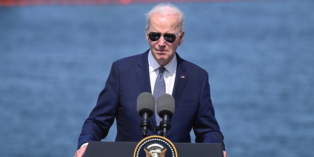 President Biden attends a press conference after a trilateral meeting with Australian Prime Minister Anthony Albanese and British Prime Minister Rishi Sunak at Point Loma naval base in San Diego Monday March 13, 2023, as part of AUKUS, a trilateral security pact between Australia, the U.K., and the U.S.