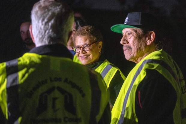 Karen Bass, Mayor of Los Angeles and Actor Danny Trejo make their way through Alexandria Park North Hollywood, CA, during the first night of the 2023 Greater Los Angeles Homeless Count, Tuesday, Jan 24, 2023. (Photo by Hans Gutknecht, Los Angeles Daily News/SCNG)