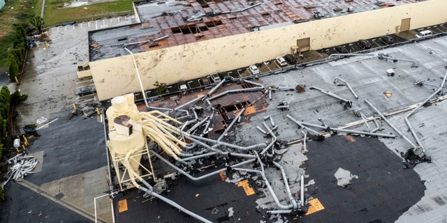 Damage to a building is seen on Wednesday, March 22, 2023, in Montebello, California, after a possible tornado. 