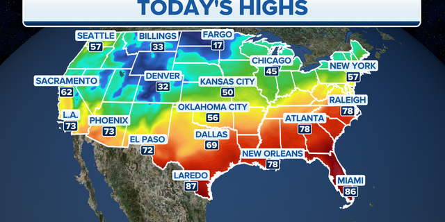 Forecasted high temperatures for Monday, March 27.