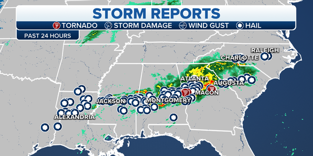 Storm and tornado reports from the southeast U.S.