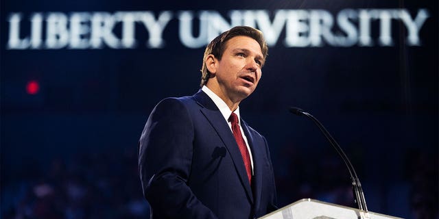 Florida Gov. Ron DeSantis speaks during a convocation at Liberty University's Vines Center in Lynchburg, Va., on April 14, 2023.