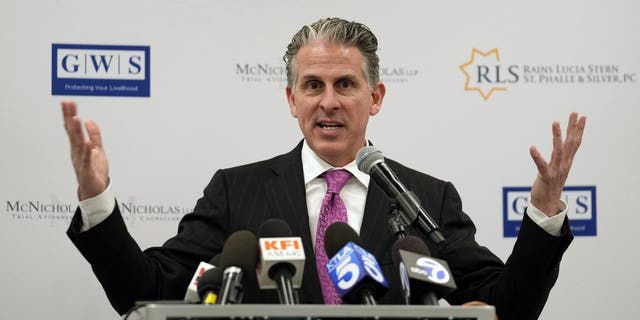 Attorney Matthew McNicholas announces the filing of a lawsuit against the City of Los Angeles and the Los Angeles Police Department, Tuesday, April 4, 2023, in Los Angeles, for wrongly releasing the identities of LAPD undercover officers.