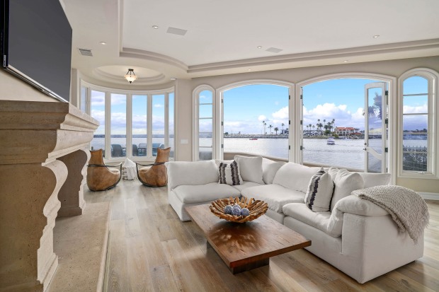 A view of the living area in the Mediterranean-style home on the market for $16.8 million. (Photo by Noel Kleinman)