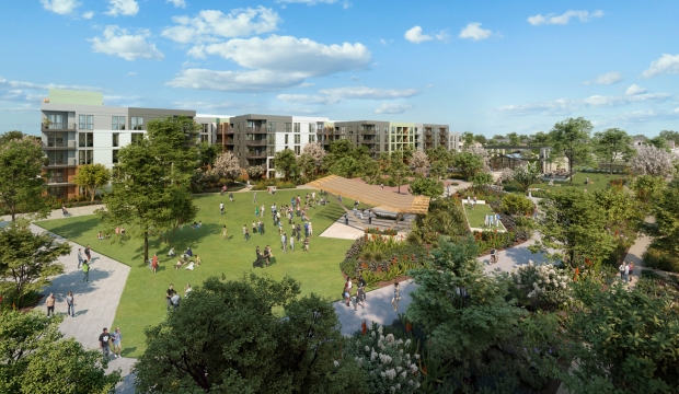 Shopoff Realty Investments bought 26 acres at Westminster Mall and and has submitted plans to the city for 1,065 rental units and 102 ownership townhomes. The plan also includes roughly 10% affordable units. (Rendering courtesy of AO)