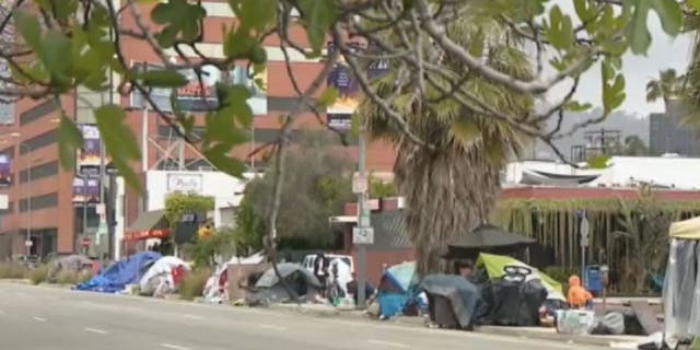 tents line roadside in Beverly Grove homeless encampment