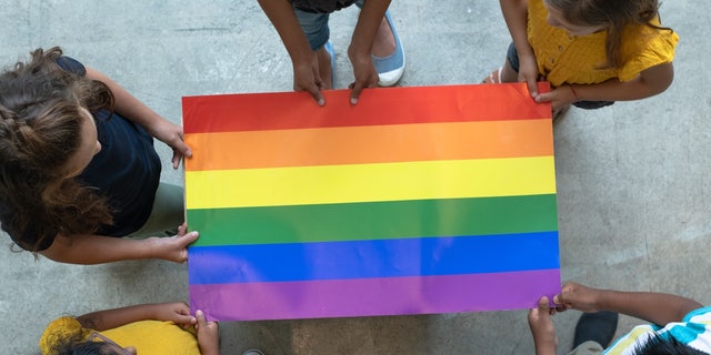 Elementary school students with Gay Pride flag