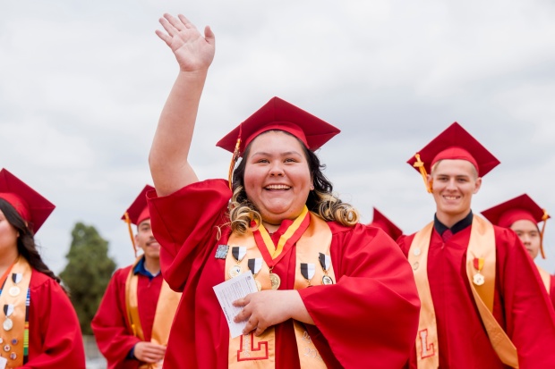 Samantha Kieffer waves to her family during the Loara High School graduation ceremonies in Handel Stadium at Western High School in Anaheim on Thursday, May 25, 2023. (Photo by Leonard Ortiz, Orange County Register/SCNG)