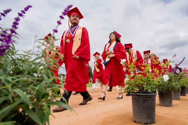 Graduates enter Handel Stadium during the Loara High School graduation ceremonies at Western High School in Anaheim on Thursday, May 25, 2023. (Photo by Leonard Ortiz, Orange County Register/SCNG)