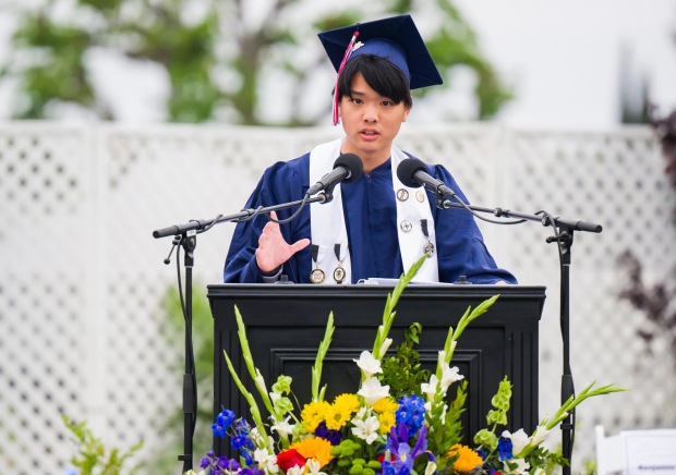 Benjamin Huang gives a speech during the Oxford Academy graduation ceremonies in Handel Stadium at Western High School in Anaheim on Tuesday, May 23, 2023. (Photo by Leonard Ortiz, Orange County Register/SCNG)