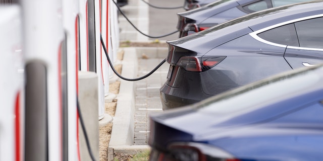 Tesla vehicles charge at a Tesla Supercharger station in Santa Monica, California, US, on Friday, Jan. 13, 2023. Tesla Inc. cut prices across its lineup in the US and major European markets in the carmakers latest effort to stoke demand after several quarters of disappointing deliveries. Photographer: Eric Thayer/Bloomberg