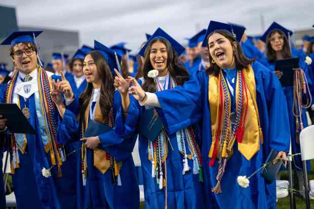 Senior students sings the alma mater of La Habra High School during a graduation ceremony on Wednesday, May 31st, 2023. (Photo by Michael Ares, Contributing Photographer)