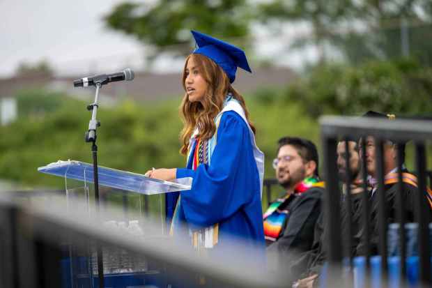 Senior Class President Julianne Canda welcomes the Class of 2023 during the La Habra High School graduation ceremony on Wednesday, May 31st, 2023. (Photo by Michael Ares, Contributing Photographer)