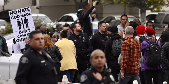 Protestors clash outside the district offices as Glendale police declare a unlawful assembly