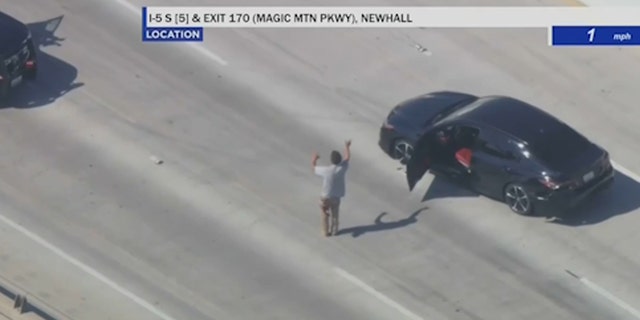 Homeless hitchhiker surrenders to police on freeway