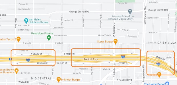 The orange squares indicate the ramp closures expected on the 210 Freeway. (courtesy of Caltrans)