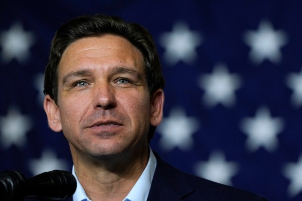 FILE - Republican presidential candidate Florida Gov. Ron DeSantis speaks during a fundraising event for U.S. Rep. Ashley Hinson, R-Iowa, Aug. 6, 2023, in Cedar Rapids, Iowa. (AP Photo/Charlie Neibergall, File)