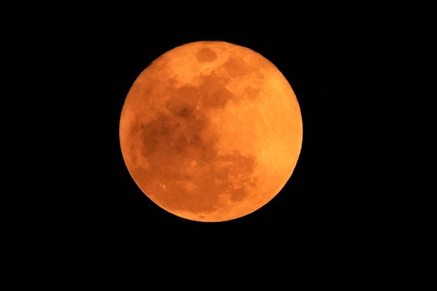 The moon is seen over the skyline in Jakarta, Indonesia, Thursday, Aug. 31, 2023. (AP Photo/Achmad Ibrahim)