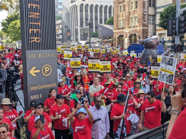 Scores of striking hotel workers picketed the InterContinental Los Angeles Downtown hotel on Monday, Aug. 7 to announce the filing of an unfair labor practice charge against the Coordinated Bargaining Group, which is representing the hotels in labor negotations. The action also HR directors with three area hotels, claiming all parties condoned violence against the picketers. (Photo courtesy of Unite Here Local 11)