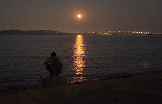 SAN RAFAEL, CA - AUGUST 30 A man sits on a rock along the San Francisco Bay Trail as he watches the super blue moon rise in San Rafael, Calif. on Wednesday, Aug. 30, 2023. (Alan Dep/Marin Independent Journal)