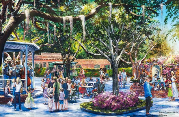 Concept art of a new park between Tiana's Palace and the Haunted Mansion offering shaded seating to watch live music on the two-sided outdoor stage envisioned for the restaurant. (Disney)