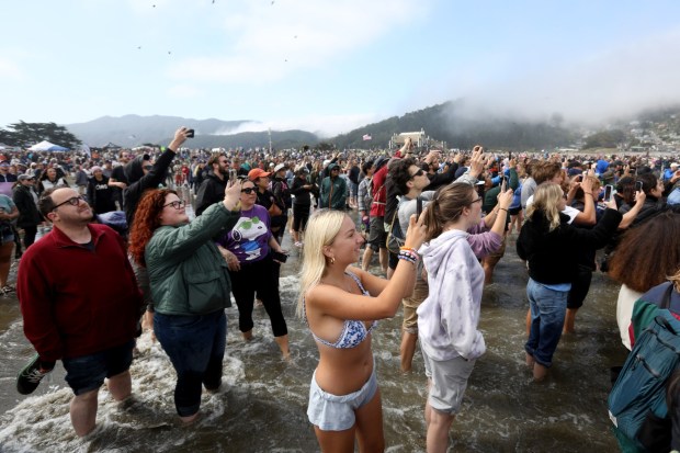 Surf dog paparazzi fill Linda Mar Beach in Pacifica, Calif., Saturday, Aug. 5, 2023. to photograph the World Dog Surfing Championships. (Karl Mondon/Bay Area News Group)