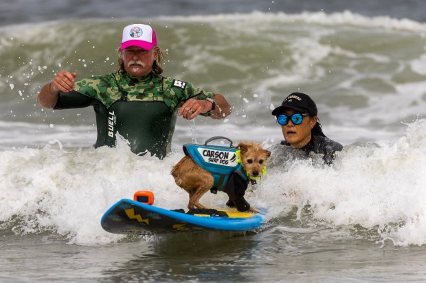 Jill Nakano helps her dog Carson complete in the World Dog Surfing Championships on Saturday, Aug. 5, 2023, at Linda Mar Beach in Pacifica, Calif. (Karl Mondon/Bay Area News Group)