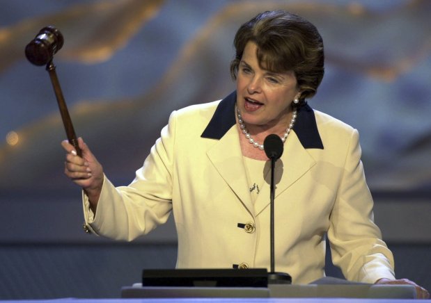 FILE - Sen. Dianne Feinstein, D-Calif., ends the Tuesday night session of the 2000 Democratic National Convention in the Staples Center, Aug. 15, 2000, in Los Angeles. Democratic Sen. Dianne Feinstein of California has died. She was 90. (AP Photo/Ron Edmonds)