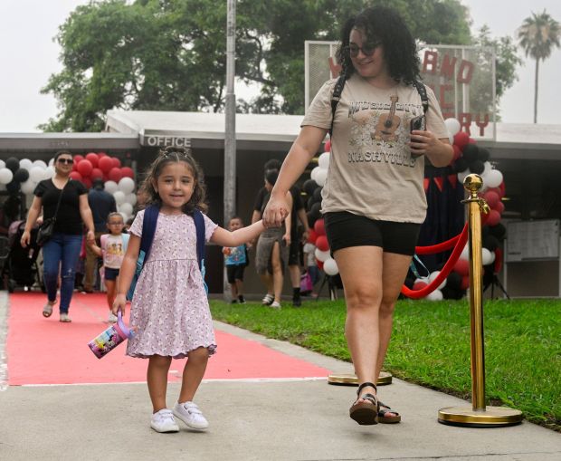 On the first day of school, Olivia Cortez, 4, and Pricilla Beltran walk out of Highland Pacific Elementary School on Monday, July 31, 2023. The San Bernardino City Unified School District is the first Inland Empire school district to welcome students back for the 2023-24 academic year. (File photo by Anjali Sharif-Paul, The Sun/SCNG)