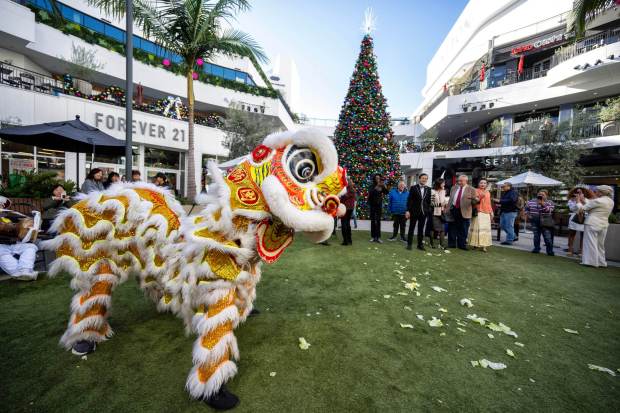 Costumed performers perform during a press conference for The 91st Anniversary of the Hollywood Christmas Parade Supporting Marine Toys for Tots at the Ovation Hollywood in Hollywood, CA on Monday, November 20, 2023. (Photo by Hans Gutknecht, Los Angeles Daily News/SCNG)