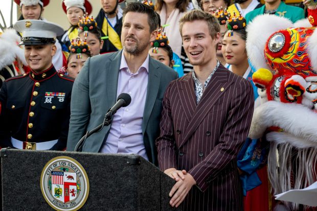 Magicians Nick Dopuch and Mat O'Neill speak during a press conference for The 91st Anniversary of the Hollywood Christmas Parade Supporting Marine Toys for Tots at the Ovation Hollywood in Hollywood, CA on Monday, November 20, 2023. (Photo by Hans Gutknecht, Los Angeles Daily News/SCNG)