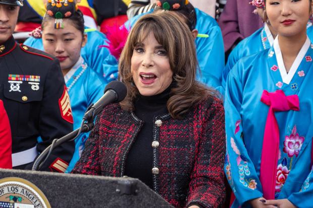 Actor Kate Linder speaks during a press conference for The 91st Anniversary of the Hollywood Christmas Parade Supporting Marine Toys for Tots at the Ovation Hollywood in Hollywood, CA on Monday, November 20, 2023. (Photo by Hans Gutknecht, Los Angeles Daily News/SCNG)