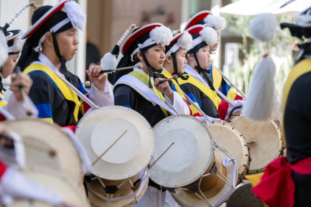 The PAVA World Korean Traditional Band perform during a press conference for The 91st Anniversary of the Hollywood Christmas Parade Supporting Marine Toys for Tots at the Ovation Hollywood in Hollywood, CA on Monday, November 20, 2023. (Photo by Hans Gutknecht, Los Angeles Daily News/SCNG)