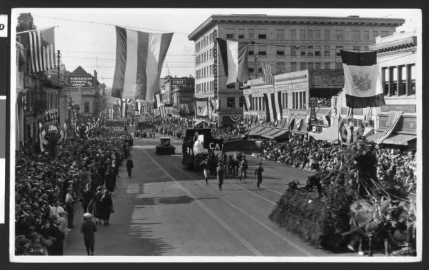 A photo of our 1926 entry, donated by actor Hobart Bosworth, shows the Pasadena Humane Society's float on Colorado Boulevard featuring a white horse symbolizing purity. (Photo Credit: Public Domain. "University of Southern California Libraries" and "California Historical Society"/Digitally reproduced by the USC Digital Library)