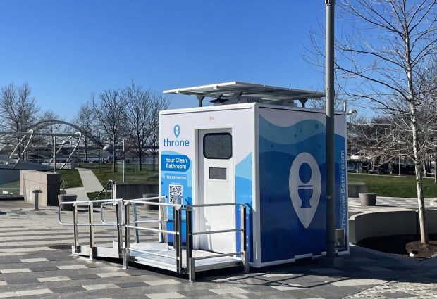 This is an example of a portable bathroom by Throne Labs. Users need to scan a QR code to open the door. Similar ones are being tested on LA Metro's system. (image courtesy of Throne Labs)