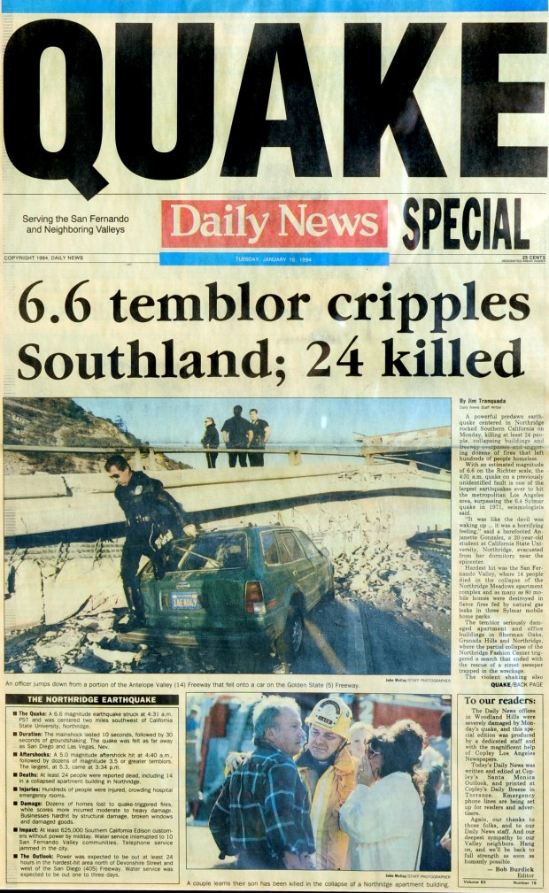 Page one of the Los Angeles Daily News on Jan. 18, 1994. The Northridge quake hit at 4:31 the morning of Jan. 17, 1994, a powerful jolt that flattened buildings, destroyed homes, damaged freeways, ignited fires and disrupted water and power. The 6.7-magnitude Northridge Earthquake was later upgraded from 6.6. (Los Angeles Daily News/SCNG)