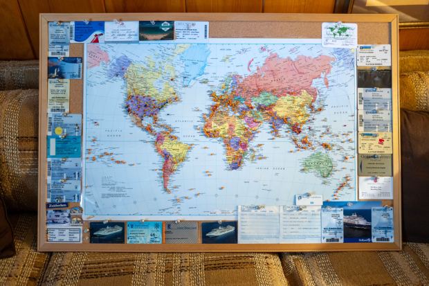 A map showing the places Ed Reynolds, a retired Air Force lieutenant colonel and leader of Wings Over Wendy's has visited, over 300 United Nations countries. (Photo by Hans Gutknecht, Los Angeles Daily News/SCNG)